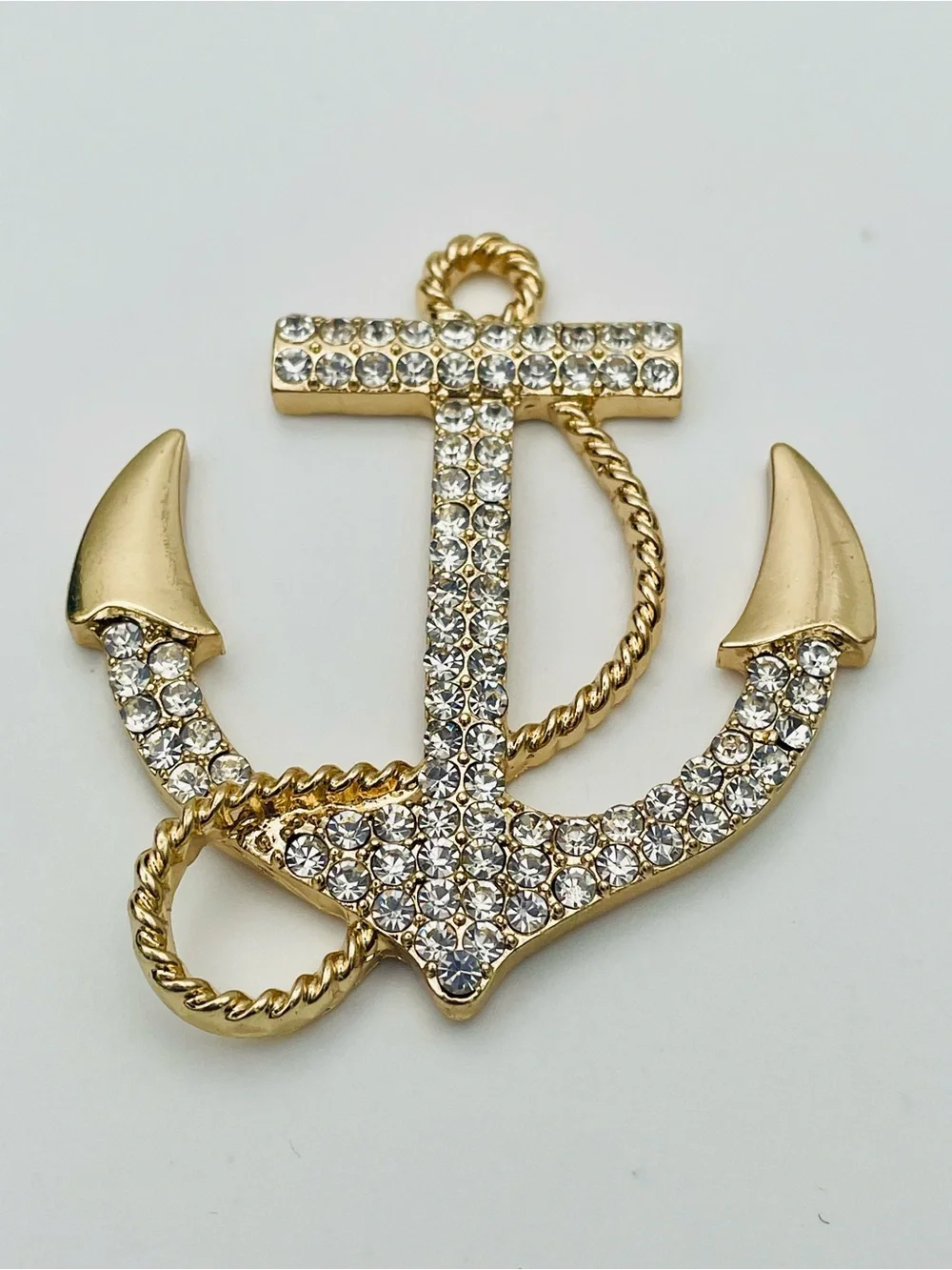 Rhinestone Gold Tone Anchor Pendant with Clear Crystals. Nautical.